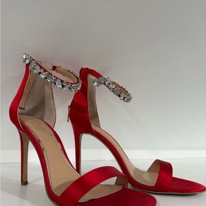 Elegant Red Satin Heels with Crystal Ankle Strap